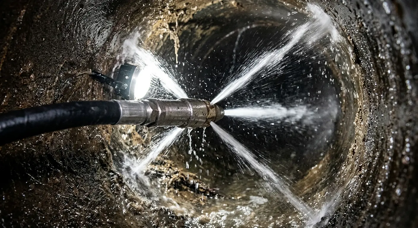 High-pressure hydro jetting nozzle cleaning sewer pipe for Sewer Cleanout in Straban