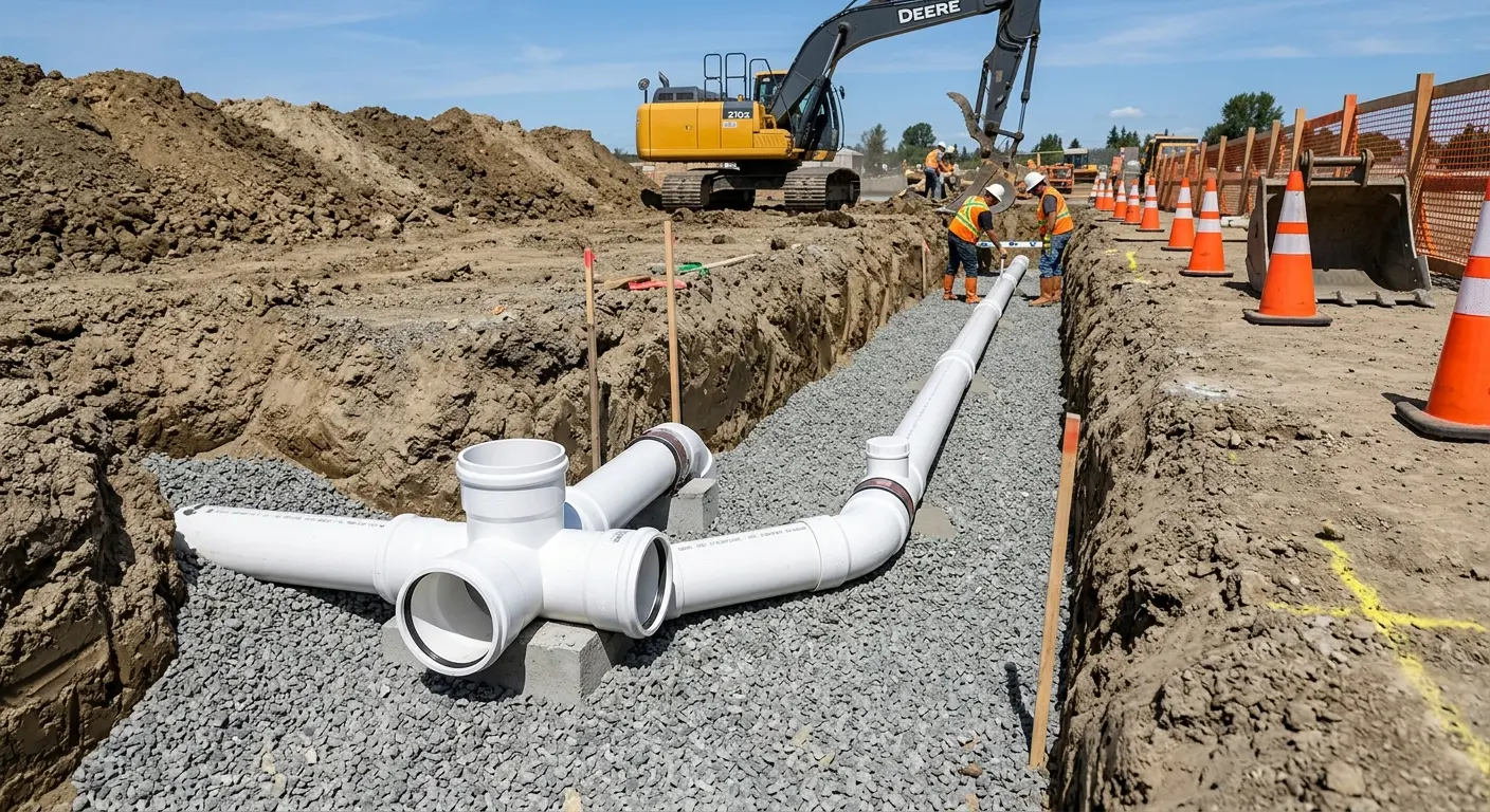 New PVC sewer pipe installation in open trench for Commercial Drain Cleaning in Straban