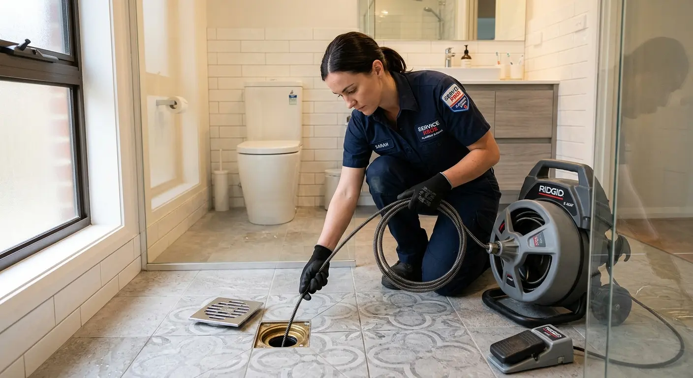 Technician clearing a bathroom floor drain for Drain Cleaning in Straban